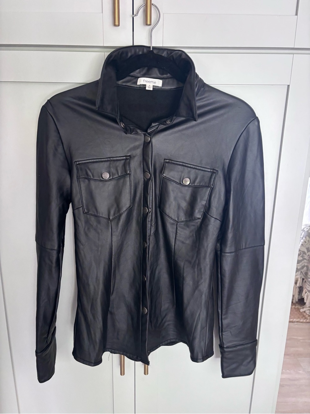 Black  Faux Leather Button-Front tapered Jacket